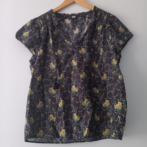 Paige Laramie Navy Floral Cotton Blouse with Tassel Tie Boho Short Sleeve M - Picture 2 of 7